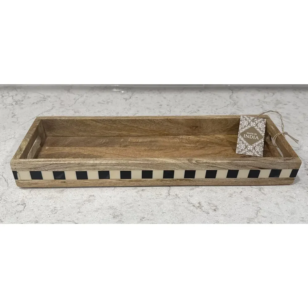 Checkered Black & White Enamel Inlay Wood 19x6.5” Table Scape Tray Riser NEW